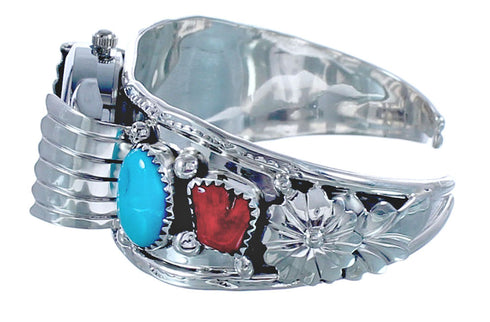 Navajo Flower Design Turquoise and Coral Sterling Silver Cuff Watch CB118258